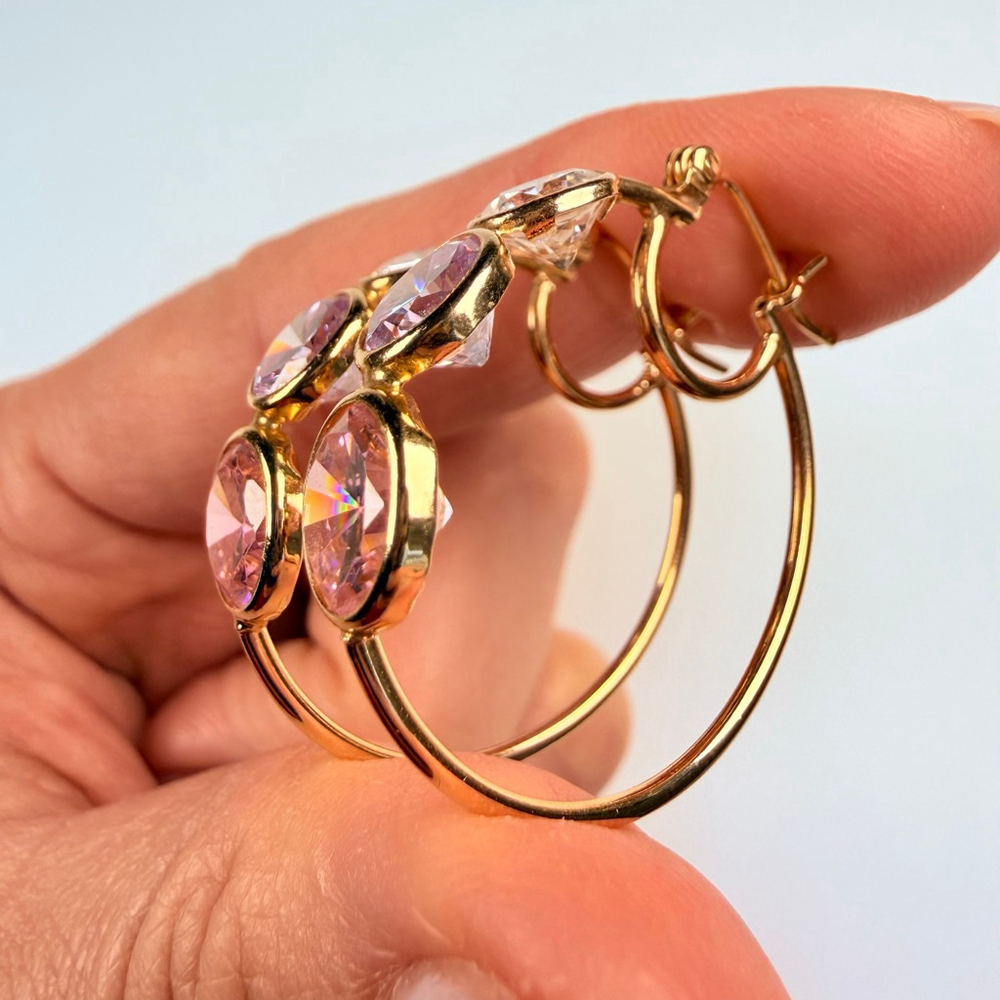 14K Solid Yellow Gold Rock Candy Gemstone Modern Hoop Earrings 28MM - Picture 4 of 13